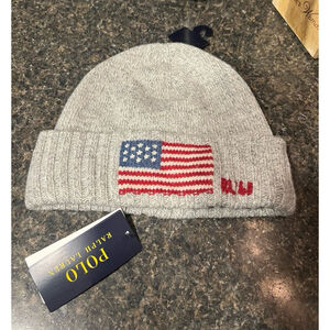 NWT POLO Ralph Lauren Flag Intarsia Wool-Blend Gray Knit Beanie